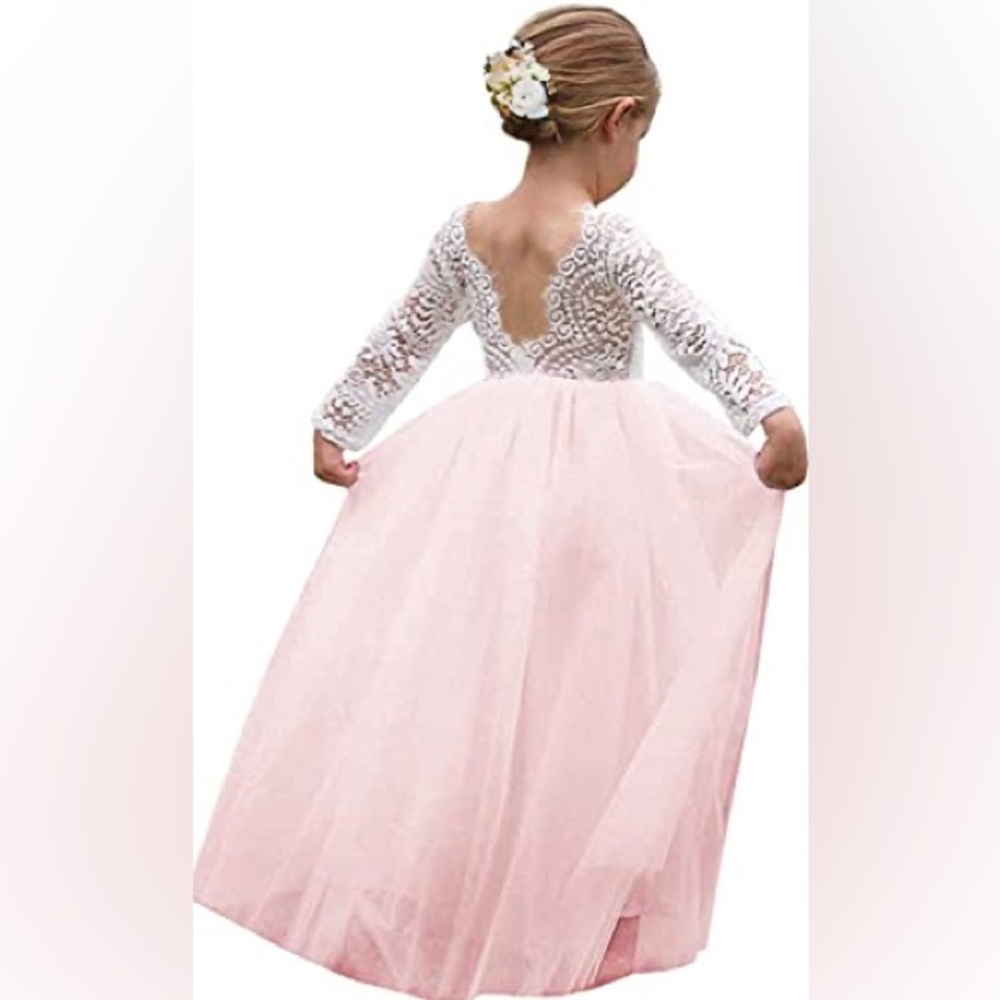 Pink Tull and White Lacey Flower Girl long dress 4 - 5 T
